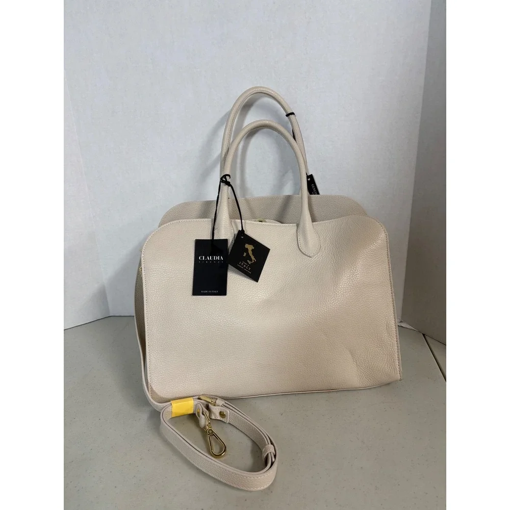 Claudia Firenze Cream Pebbled Leather Satchel Bag‎ Made in Italy NWT